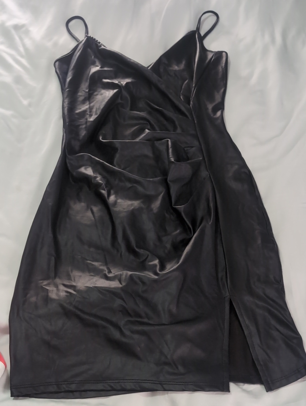 Fashion Nova Black Faux Leather Midi Slip Dress with Side Slit/XL